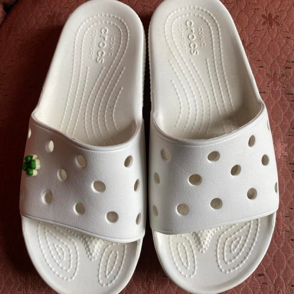 White Crocs Classic Slide Sandals Green Charm W 7 M 5